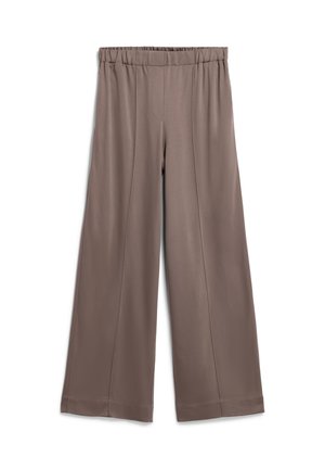 Pantaloni a gamba ampia in morbido tessuto elasticizzato; colore taupe uniforme con cintura elastica e sottili pieghe frontali. Texture liscia e orlo pulito.