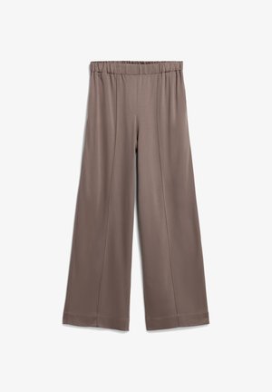 Pantaloni a gamba ampia in morbido tessuto elasticizzato; colore taupe uniforme con cintura elastica e sottili pieghe frontali. Texture liscia e orlo pulito.