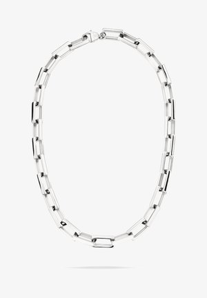 Zilveren ketting met een rechthoekig schakeldesign. Gladde textuur met een gepolijste afwerking en een veilige sluiting.