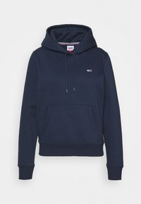 Sudadera azul marino de tejido suave, con un bolsillo frontal, capucha ajustable con cordón y pequeño logo en el pecho.