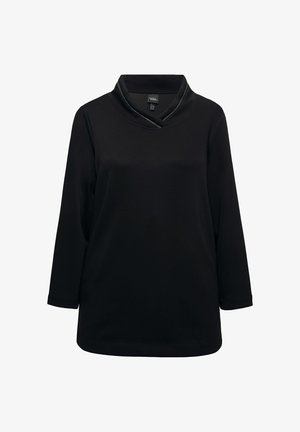 Zwarte lange mouw top met een cowl-nekt, gemaakt van zachte stof, met een relaxte pasvorm en subtiele stiksels langs de halslijn.