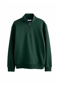 Groene sweatshirt met hoge kraag, halve ritssluiting aan de voorkant, ribbelmanchetten en -zoom. Gemaakt van zachte, dikke stof met een gladde textuur.