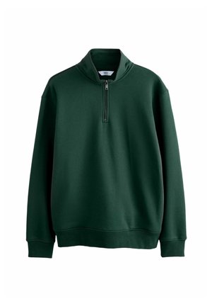 Groene sweatshirt met hoge kraag, halve ritssluiting aan de voorkant, ribbelmanchetten en -zoom. Gemaakt van zachte, dikke stof met een gladde textuur.