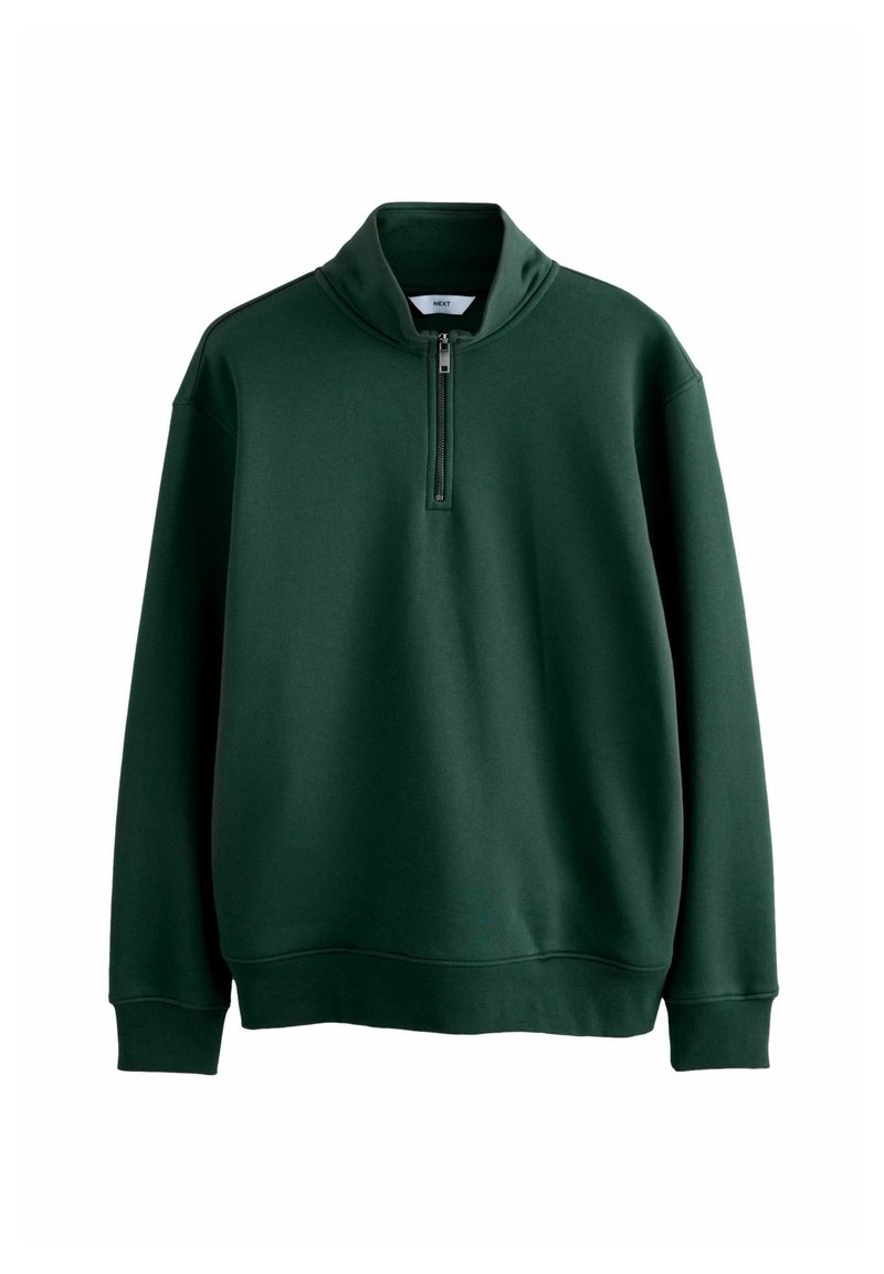 Groene sweatshirt met hoge kraag, halve ritssluiting aan de voorkant, ribbelmanchetten en -zoom. Gemaakt van zachte, dikke stof met een gladde textuur.