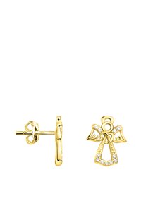 Guldtonede studs i form af en engel, med detaljerede vinger og klare sten langs kantene, samt en sikker stiftlås.