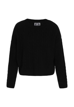 Jersey negro de punto trenzado con cuello redondo y mangas largas, que presenta un corte cropped y un acabado suave y texturizado.