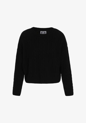 Jersey negro de punto trenzado con cuello redondo y mangas largas, que presenta un corte cropped y un acabado suave y texturizado.