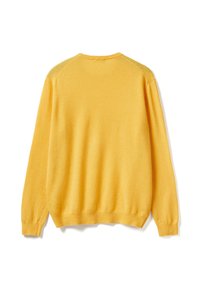 Žlutý svetr vyrobený z měkké tkaniny, s kulatým výstřihem, dlouhými rukávy a ribbovanými lemy a manžetami, zobrazený ze zadního pohledu.