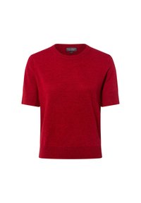 Czerwony sweter z krótkim rękawem, wykonany z miękkiego materiału, z okrągłym dekoltem oraz ściągaczami przy rękawach i dole. Prosty design bez wzorów.