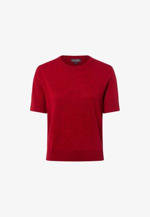 Roter kurzärmeliger Strickpullover mit rundem Ausschnitt, aus weichem Material gefertigt, mit gerippten Bündchen und Saum. Einfaches Design ohne Muster.