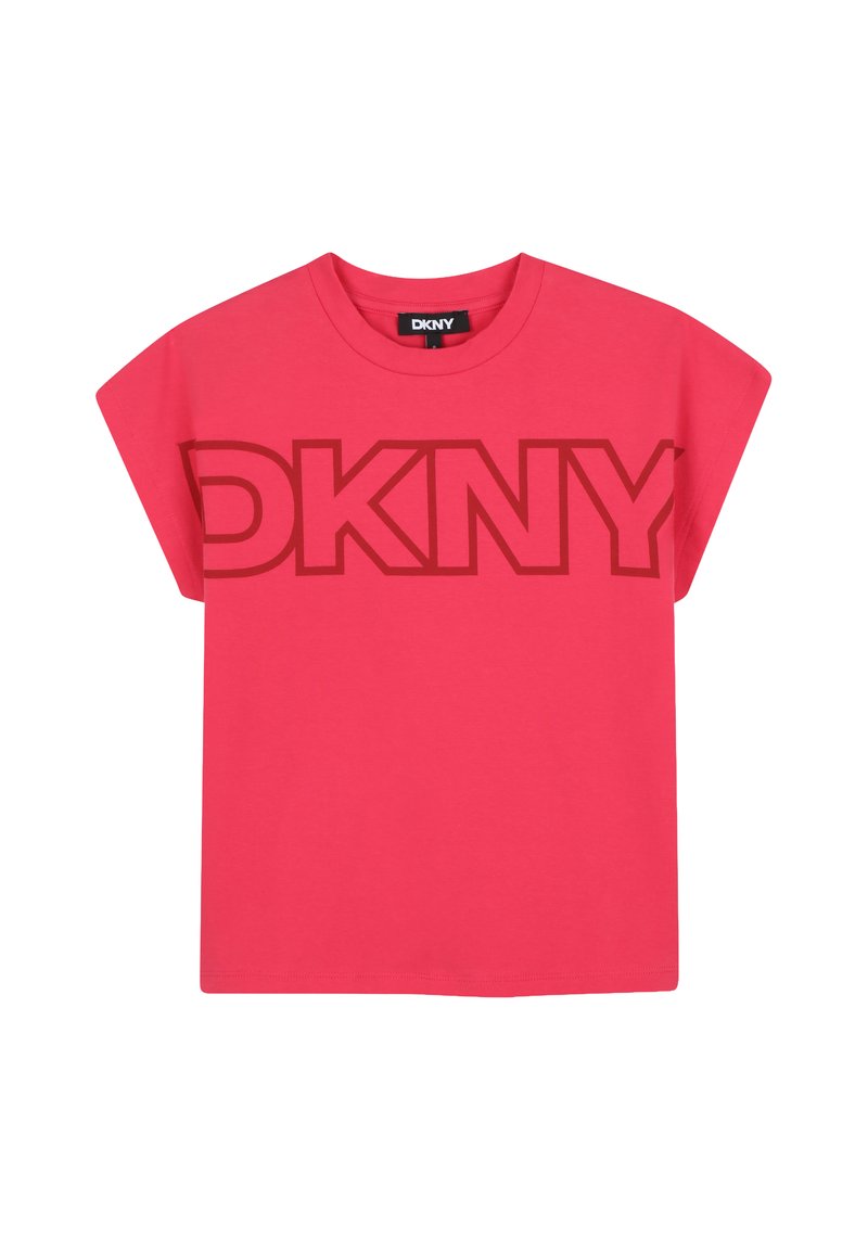 Camiseta de algodón rosa con mangas cortas y un corte holgado, que presenta un gran logo marrón de "DKNY" en la parte delantera.