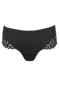 Czarna bielizna z gładkim, nieprzezroczystym przodem i misterną koronką wzdłuż brzegów, podkreślającą faliste wzory.