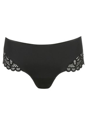 Black underwear featuring a smooth, opaque front and intricate lace detailing along the edges, highlighting scalloped patterns.