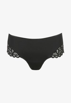 Mustat alusvaatteet, joissa on sileä ja läpinäkymätön etuosa sekä monimutkainen pitsiyksityiskohta reunoilla, korostaen aaltoilevia kuvioita.