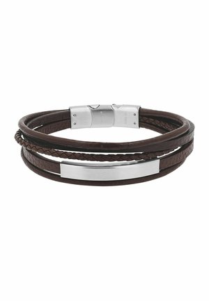 Braccialetto in pelle marrone con più fili, inclusa pelle intrecciata, con una piastra metallica argentata e chiusura magnetica.