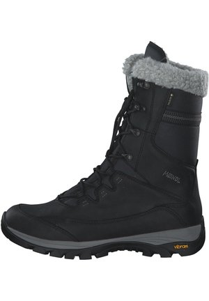 Black waterproof hiking boot with a high shaft, fur-lined collar, faux fur trim, lace-up front, and textured rubber sole for traction.