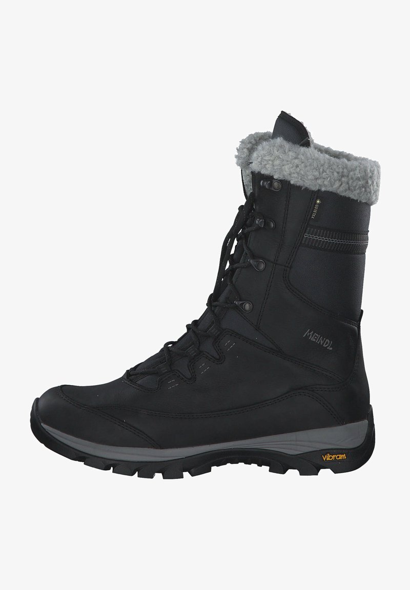 Schwarze wasserdichte Wanderschuhe mit hohem Schaft, gefüttertem Kragen aus Fell, Kunstfellbesatz, Schnürverschluss und strukturiertem Gummisole für besseren Halt.