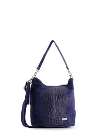 Marineblaues Wildleder-Handtasche mit Akzenten aus Krokodilstruktur, einem einzelnen Schultergurt und seitlichen Quasten-details. Glatte Oberfläche mit strukturierter Form.