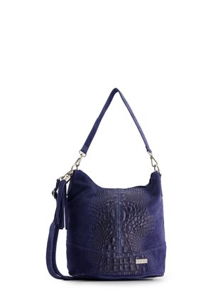 Marineblaues Wildleder-Handtasche mit Akzenten aus Krokodilstruktur, einem einzelnen Schultergurt und seitlichen Quasten-details. Glatte Oberfläche mit strukturierter Form.