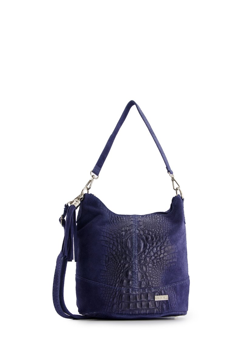 Marineblaues Wildleder-Handtasche mit Akzenten aus Krokodilstruktur, einem einzelnen Schultergurt und seitlichen Quasten-details. Glatte Oberfläche mit strukturierter Form.