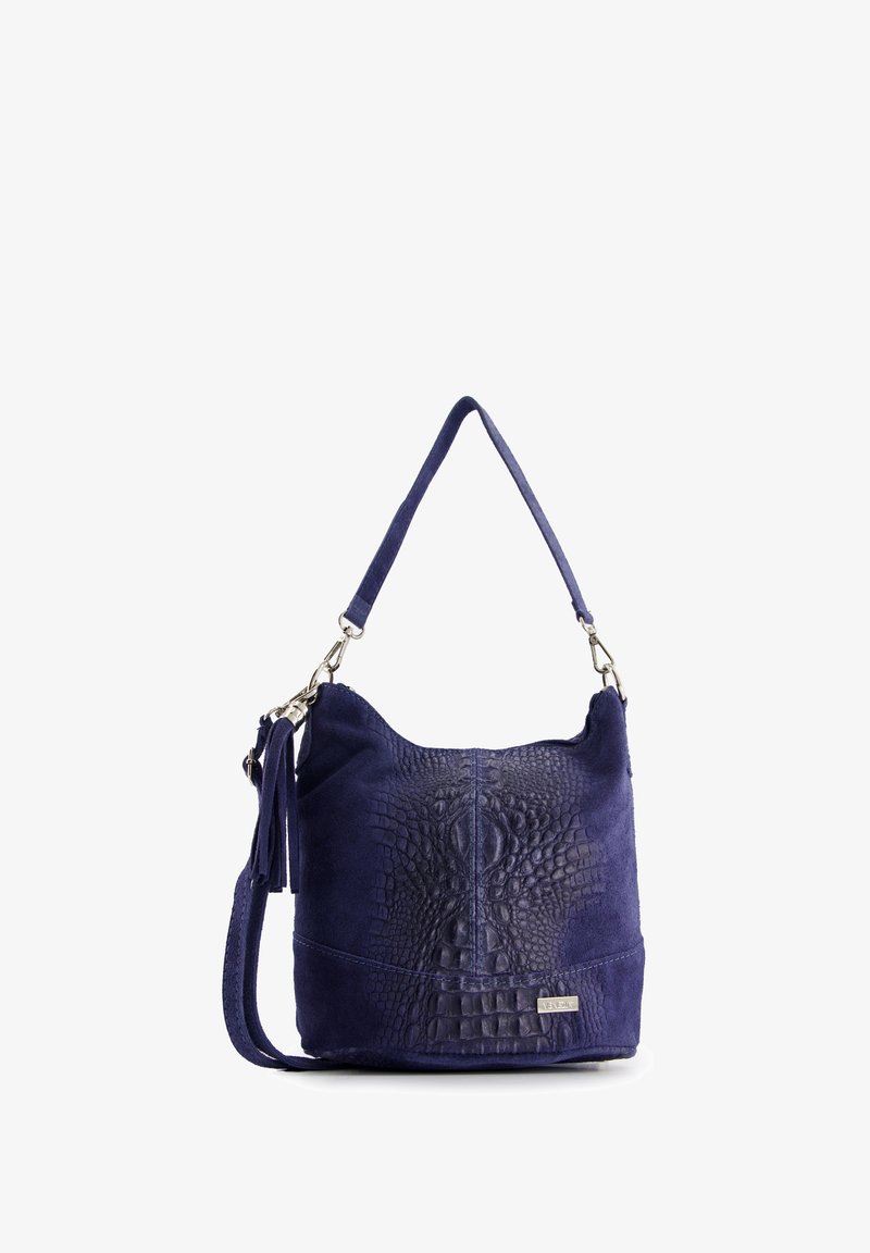 Navy suede handbag with crocodile texture accents, a single shoulder strap, and side tassel detail. Smooth surface with structured shape.