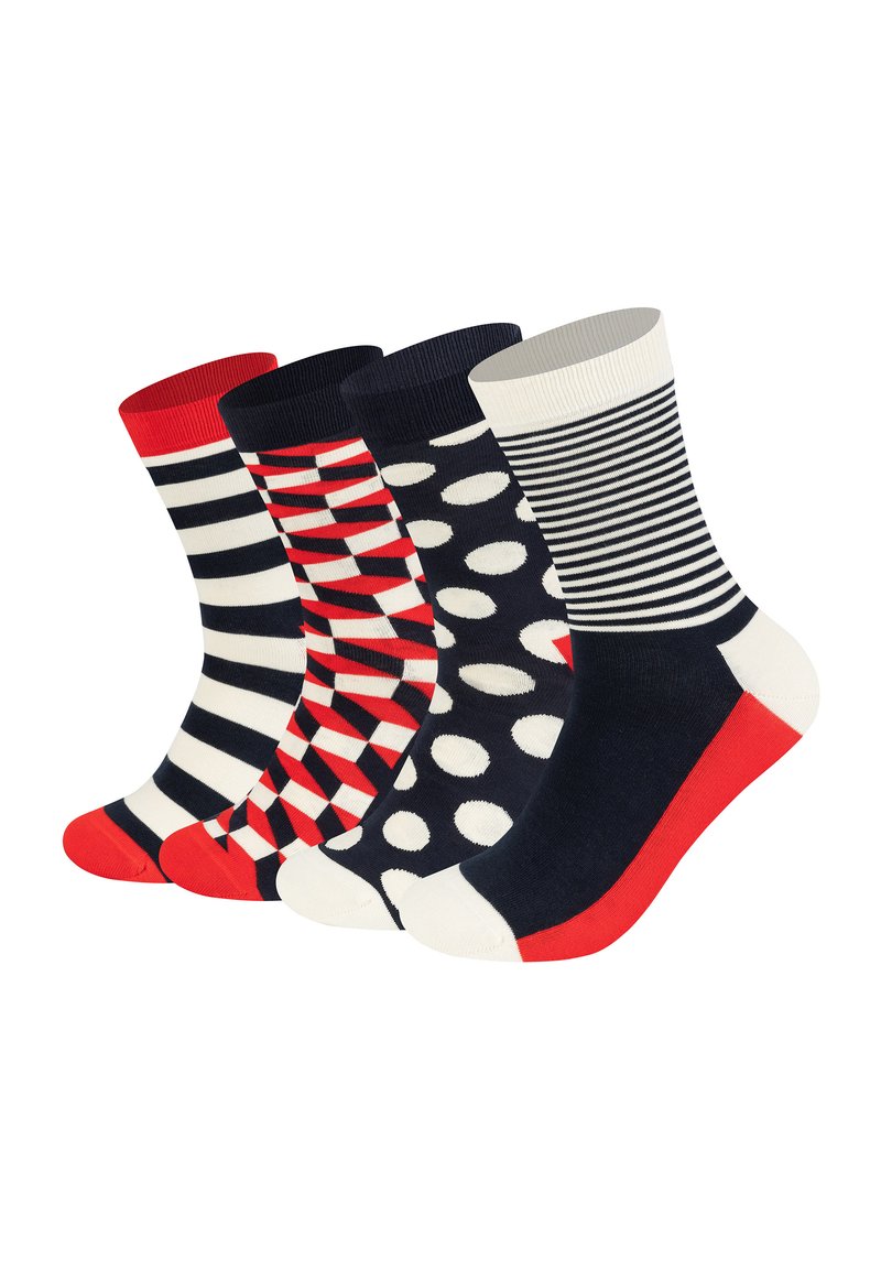 Vier Paare mittelgroßer Socken mit verschiedenen Mustern: Streifen, geometrische Formen, Pünktchen und kontrastierende Farbakzente.