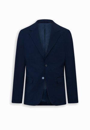 Sacou bărbătesc bleumarin cu un rând de nasturi, două nasturi, rever cu crestătură și buzunare cu clapetă, prezentat pe un fundal alb.