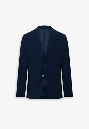 Laivastonsininen, yksirivinen miesten bleiseri, jossa on kaksi nappia, lovikaulukset ja läppätaskut. Esillä valkoisella taustalla.