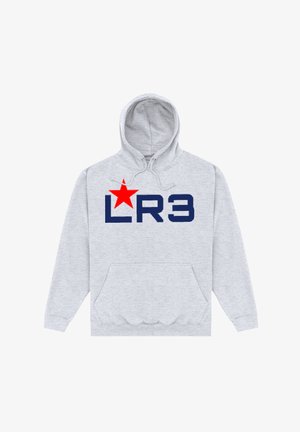 Jasnoszara bluza z kapturem i kieszenią z przodu, z ciemnoniebieskim napisem "LR3" oraz dużą czerwoną gwiazdą zastępującą pionową linię "L".