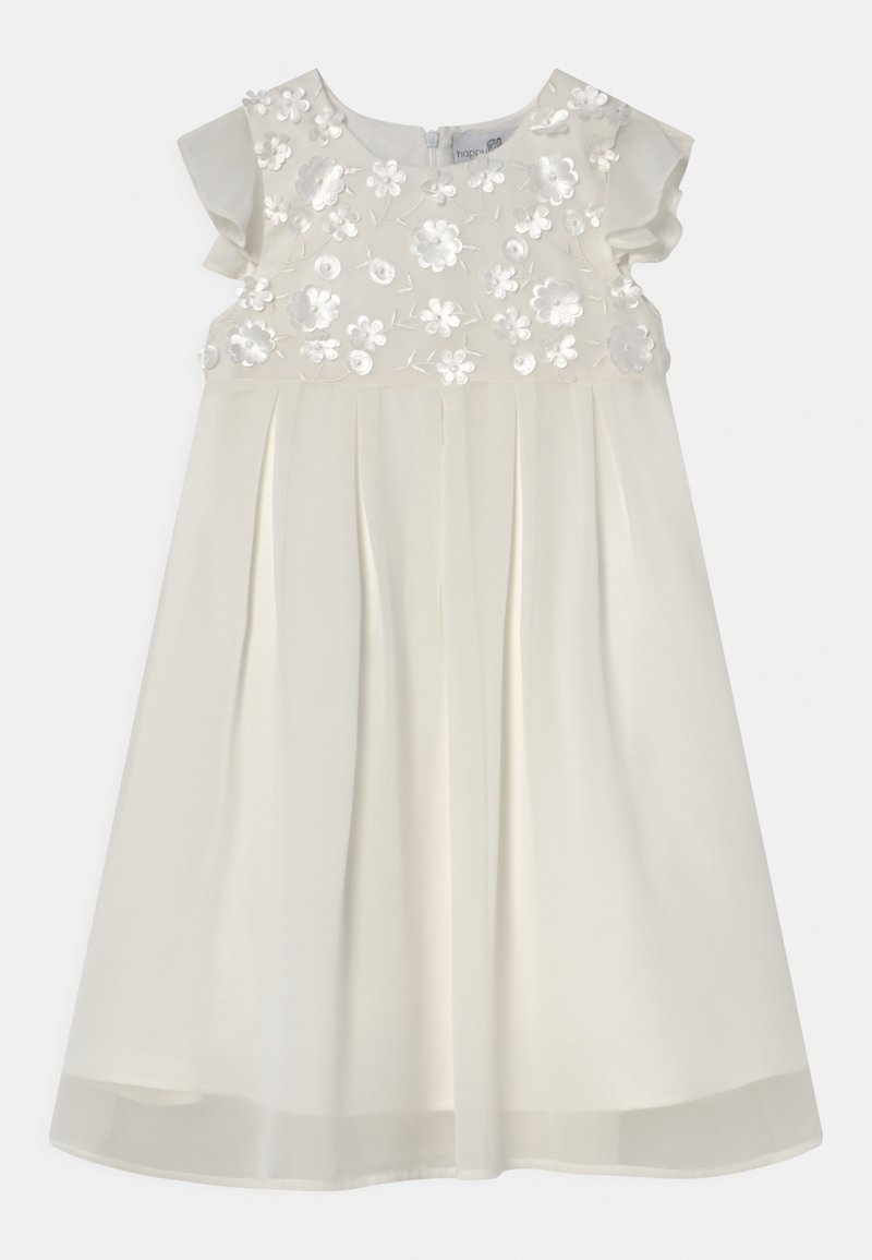 Bílé šaty s krátkými volánovými rukávy, květinově vyšívaným korzetem s lesklými akcenty a plisovanou sukní. Zapínání na zip na zadní straně.