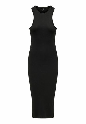 Abito midi nero a coste con silhouette aderente, design senza maniche e scollatura rotonda. Realizzato in materiale elasticizzato per il massimo comfort.
