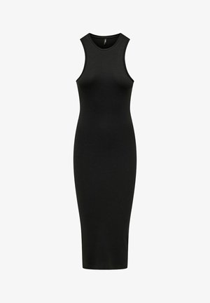 Abito midi nero a coste con silhouette aderente, design senza maniche e scollatura rotonda. Realizzato in materiale elasticizzato per il massimo comfort.