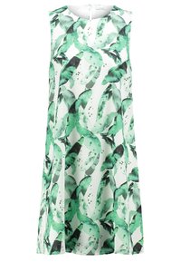 Bezramkowa sukienka w kwiaty w kolorze białym z zielonym nadrukiem botanicznym. Posiada okrągły dekolt oraz smukłą sylwetkę. Wykonana z lekkiego materiału.