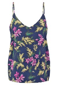 Haut débardeur bleu marine sans manches avec fines bretelles, décoré de motifs floraux jaunes et roses ainsi que de feuilles vertes.