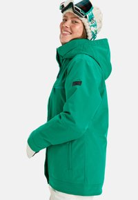 Groene skijas met een capuchon, voorzien van een ritszak en zwart logo-embleem. Draagt een gebreide muts en skibril. Glad van textuur.