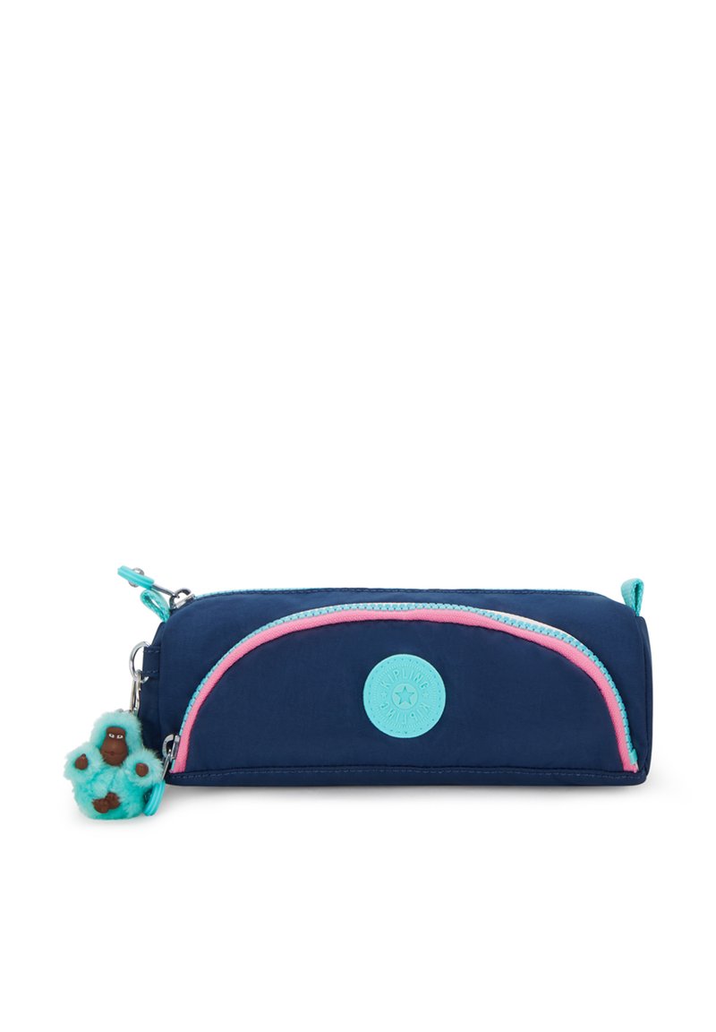 Marineblauwe etui met roze en turquoise accenten. Heeft een ronde vorm, een ritsluiting en een klein aapje als sleutelhanger. Duurzaam materiaal.