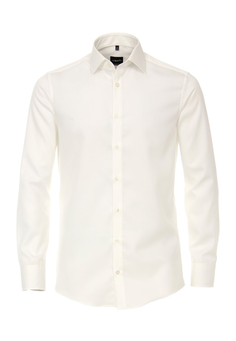 Witte lange mouwen bloes met knopen, gemaakt van gladde stof. Heeft een klassieke kraag, een slim fit en ronde manchetten met knoopsluitingen.