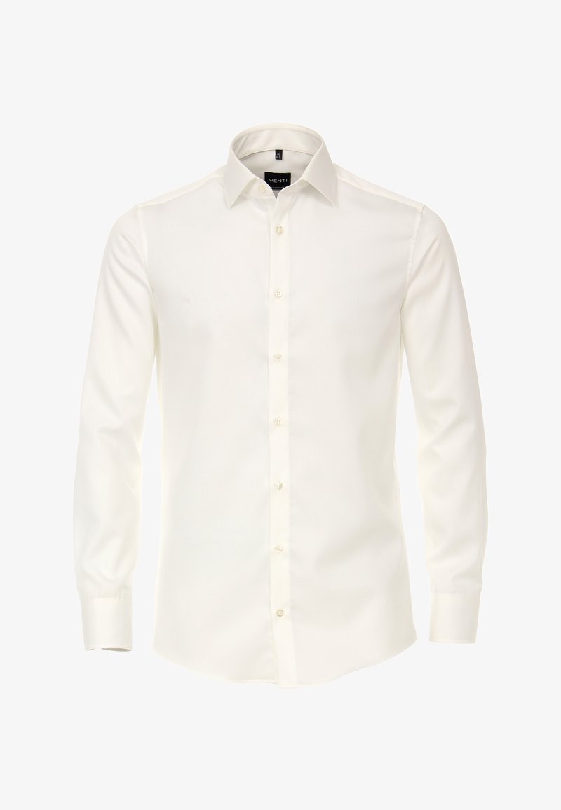 Witte lange mouwen bloes met knopen, gemaakt van gladde stof. Heeft een klassieke kraag, een slim fit en ronde manchetten met knoopsluitingen.