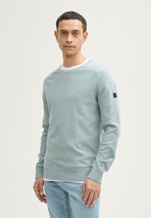 Lichtblauwe gebreide trui met een ronde hals en lange mouwen. Kenmerkt zich door een witte binnenkraag en een klein zwart logo op de linkermouw.