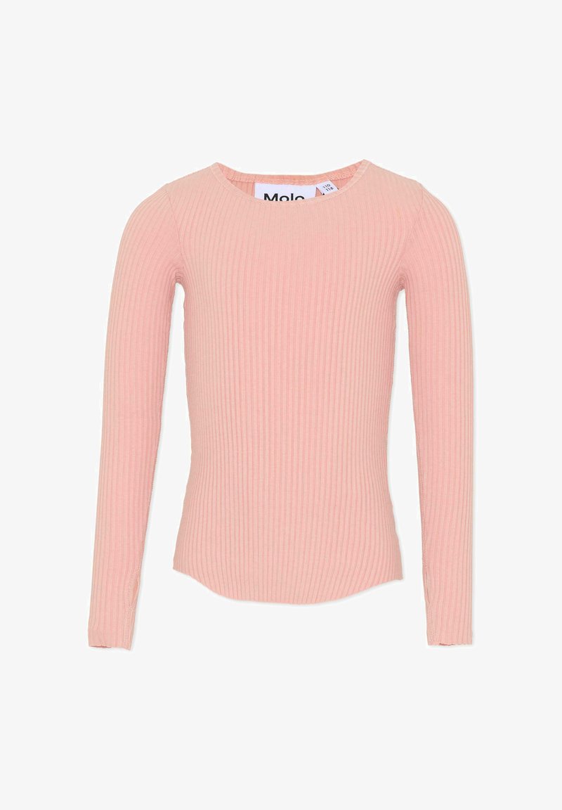 Haut à manches longues côtelé de couleur rose clair, avec un col arrondi et une coupe ajustée. Confectionné dans un matériau doux avec une texture subtile.