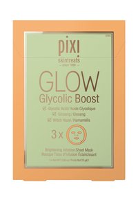 Emballage du masque en sheet Pixi Glow Glycolic Boost. Boîte extérieure orange avec une étiquette vert menthe. Présente les détails du produit en texte marron, avec des coches et une icône de visage.