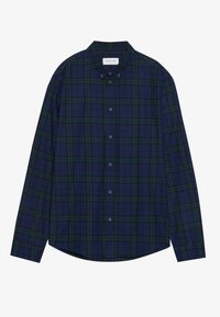 Chemise à manches longues boutonnée, motif à carreaux bleu et vert, col boutonné et base arrondie.