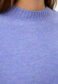 Jasnoliliowy sweter z żebrowanym okrągłym dekoltem, wykonany z miękkiej, teksturowanej włóczki. Charakteryzuje się lekko melanżowym wyglądem.