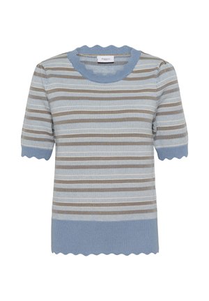 Dzianinowa bluzka z krótkim rękawem w poziome pasy w kolorach niebieskim, beżowym i białym, z falowanymi krawędziami na kołnierzu, mankietach i dolnym obszyciu.