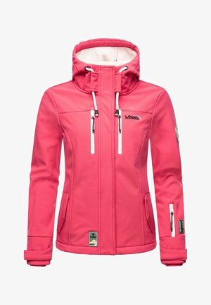 Rosa softshell jakke med høy krage, glidelåslommer, justerbar hette og hvite aksentdetaljer. Har merkenavn og teksturert stoff.