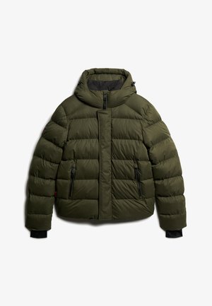 Olivgrüner, gesteppter Puffer-Jacke mit Kapuze, ausgestattet mit einem Reißverschluss vorne, zwei seitlichen Reißverschluss-Taschen und elastischen Bündchen. Strukturierter, gestepptes Design.