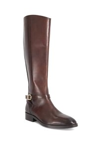 Brown leather knee-high boot with a smooth finish, slim shape, flat heel, and a decorative strap featuring a gold buckle detail.
