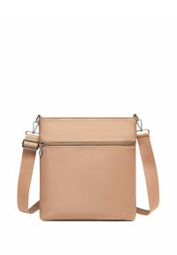 Přírodní kabelka přes tělo, vyrobená z hladkého syntetického materiálu. Obsahuje přední kapsu na zip, nastavitelný popruh a jemný vyšívaný detail.