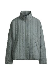 Veste matelassée avec col montant et fermeture éclair devant, motif à carreaux verts et gris et poches latérales.