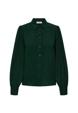 Ciemnozielona bluzka z długim rękawem, z kołnierzykiem, zapięciem na guziki oraz marszczonymi rękawami. Teksturowany materiał z delikatnym wzorem.